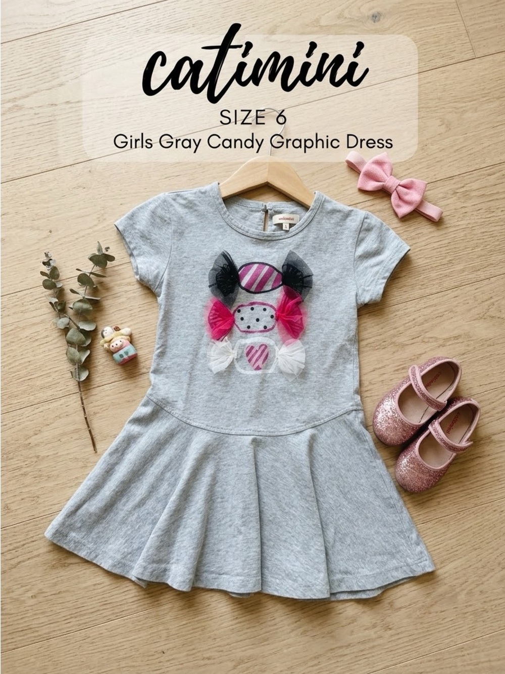 Catimini Gray Girls Candy Graphic Dress with Pink & Black Accents